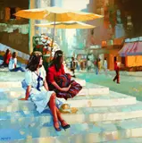 Howard Behrens, Girls on Steps Under Umbrellas, Oil on canvas