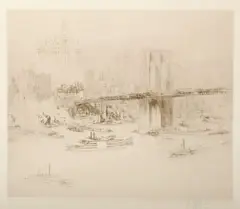 William Walcot, View of New York from Brooklyn Bridge, Etching on paper