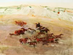 Valentin Kurdov, Corralling Horses on the Plain, Watercolor on paperProvenance:By descent from the grandfather