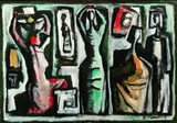 Branko Kovačević, Figures with Raised Arms, Oil on canvas