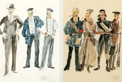 Alexandra Exter, Group of Men in Sailor Costume, Watercolor on paper - EAch, sight: 11 1/2 in. x 8 1/4 in
