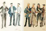 Alexandra Exter, Group of Men in Sailor Costume, Watercolor on paper - EAch, sight: 11 1/2 in. x 8 1/4 in