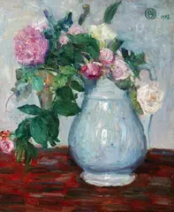 Maurice Grün, Roses in Blue Water Pitcher, Oil on canvas