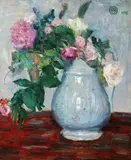 Maurice Grün, Roses in Blue Water Pitcher, Oil on canvas