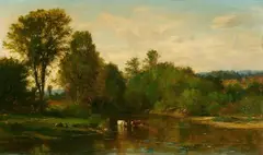 Samuel Lancaster Gerry, Pastoral Landscape with Cows by the Riverside, Oil on canvas