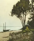 Bronwen Roberts, Ship on Shore at Sunset, Color Lithograph