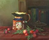 Lillian Waddell, Still Life with Exotic Vase and Plumbs, Oil on canvas