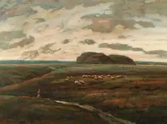 Andrew Wilson, Shepherd with Sheep at Sunset, Oil on canvas