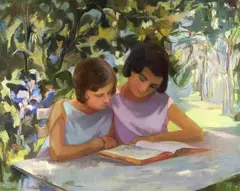 Sylvia Gardette, Sharing a Good Book, Oil on canvas