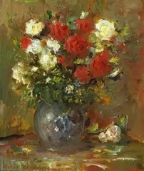 Victor Zolmie, Red and White Roses, Oil on canvas