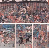 Kuniyoski, SOGA BROTHERS, color triptych woodcut, THE SHIZUGATOKE BATTLE, color triptych woodcut