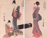 Hosoda Eishi, BIJIN, two woodblock prints, Together with UTAMARO (1753-1806), two color woodcut reproductions