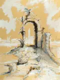 Roderick Montague, Architectural Study of Ancient Ruins, Gouache and ink on board