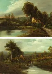 W. Haines, Cottage by a Stream and Cottage by a Pond, A pair of oil on canvas