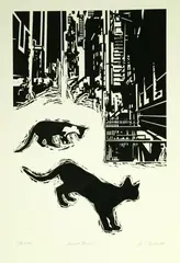 City Cats by Jack Perlmutter, Woodcut. - Plate: 23 3/4 in. x 15 3/4 in, offered Sep 2004