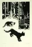 Jack Perlmutter, City Cats, Woodcut. - Plate: 23 3/4 in. x 15 3/4 in