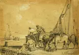 John Thomas Serres, Preparing to Load, Black and white chalk on brown paper
