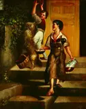 S. Rosenthal, Two Serving Boys and a Dog, Oil on canvas
