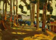 Man and a Horse in the Forest by Bronwen Roberts, Oil on board, sold Sep 2004