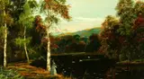Haines, Untitled, WOMAN FEEDING SWANS, oil on canvas