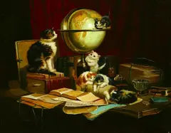 H. Marcel, Kittens in Pursuit of Knowledge, Oil on board