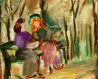 Edith C. Blum, TWO WOMEN ON A PARK BENCH, the first, Oil on canvas, mounted on board