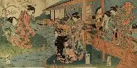 Sadachika, LADIES AT PLAY, triptych woodcut, layed back, trimmed edges, LADIES AT PLAY, triptych woodcut, layed back, trimmed edges