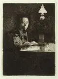 Käthe Kollwitz, Untitled, SELF-PORTRAIT AT THE TABLE, etching