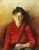 Boy with Beret and Gun by Christiane Marie Arnaut Meeker, Oil on canvas. - The first: 20 in. x 16; the second: 34 in. x 20 in, offered Oct 2004
