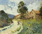 Maurice Lemaître, Figures Along Country Lane, Oil on canvas