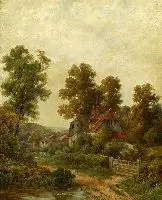Houses Along Country Lane by Octavius Clark, Oil on canvas, sold Oct 2004