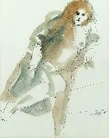 Jules Maidoff, Nude in Blue and Orange, Ink and wash on paper