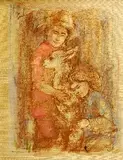 Edna Hibel, Two Children with a Lamb, Color lithograph on silk mounted on masonite