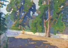 Harry Spiers, Untitled, COUPLE WALKING ALONG TREE LINED ROAD, watercolor