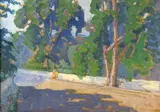 Harry Spiers, Untitled, COUPLE WALKING ALONG TREE LINED ROAD, watercolor