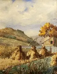 Denes Nagy, Haystacks and House, Watercolor