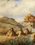 Denes Nagy, Haystacks and House, Watercolor