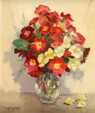 William Francis Longstaff, Pink and Yellow Flowers in Crystal Vase, Oil on canvas