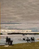 William Woodward, Dog on Beach at Sunset, Oil on canvas
