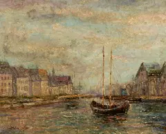 Boats in River by John Dynes, Oil on canvas, sold Dec 2004