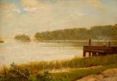 Louis E. Deluis, Figures on Dock, Oil on board