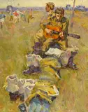 Sergei Ivanovitch Grosh, Russian Soldiers Relaxing and Dancing Around Maypole, Oil on canvas