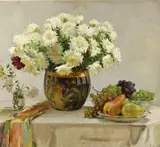 Natalia Ivanova Zaruba, Table Top Still Life with White Chrysanthemums and Pears, Oil on canvas