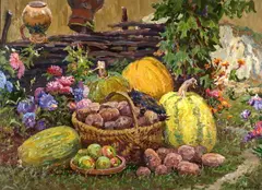 N. Fomin, Autumn Still Life with Melons, Oil on canvas
