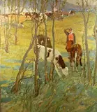 Young Woman Tending Cattle by Georgi Ignatiavitch Chadzhitov, Oil on canvas, sold Dec 2004