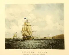 "Outward Bound; Off the Rock-Fort and Light-House Liverpool" and "Homeward Bound; Passing the Light-Ship Liverpool." Engraved by H by Samuel Walters, Colored etching and aquatint, sold Dec 2004
