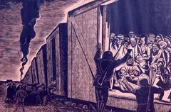 Untitled by Leopoldo Méndez, DEPORTATION, inscribed "Para mis amigos sers hepner afectuosa...de mendez." Woodcut, sold Dec 2004
