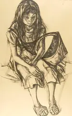 Francis de Erdely, Seated Girl with Basket, Ink on paper