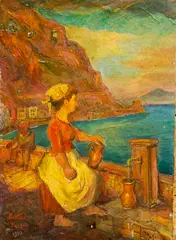 David Burliuk, Woman Filling Water Jug by the Mediterranean, Oil on canvas