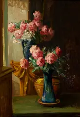 Joannès Chaleyé, Pink Flowers in a Blue Vase, Oil on board